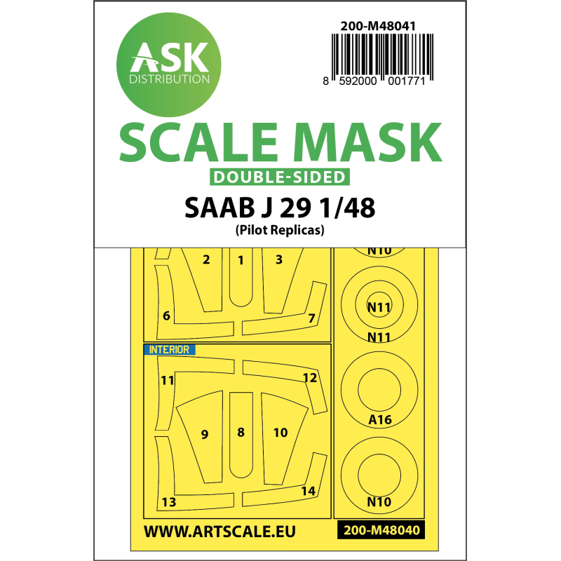 SAAB J29 B double-sided painting mask for Pilot Replicas M48041 Art Scale Kit 1:48