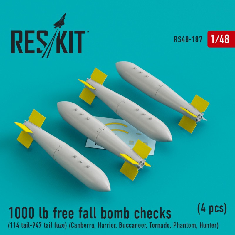 1000 lb Free-fall Bomb with Tail Type 114 & Tail Fuze No.947 (4 pcs) RS48-0187 ResKit 1:48